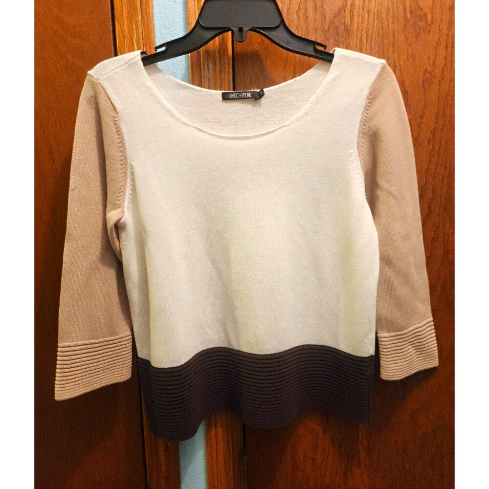 NIC+ZOE NWT Colorblock Knit Sweater M Cotton Blend Neutral Brown 3/4 Sleeve